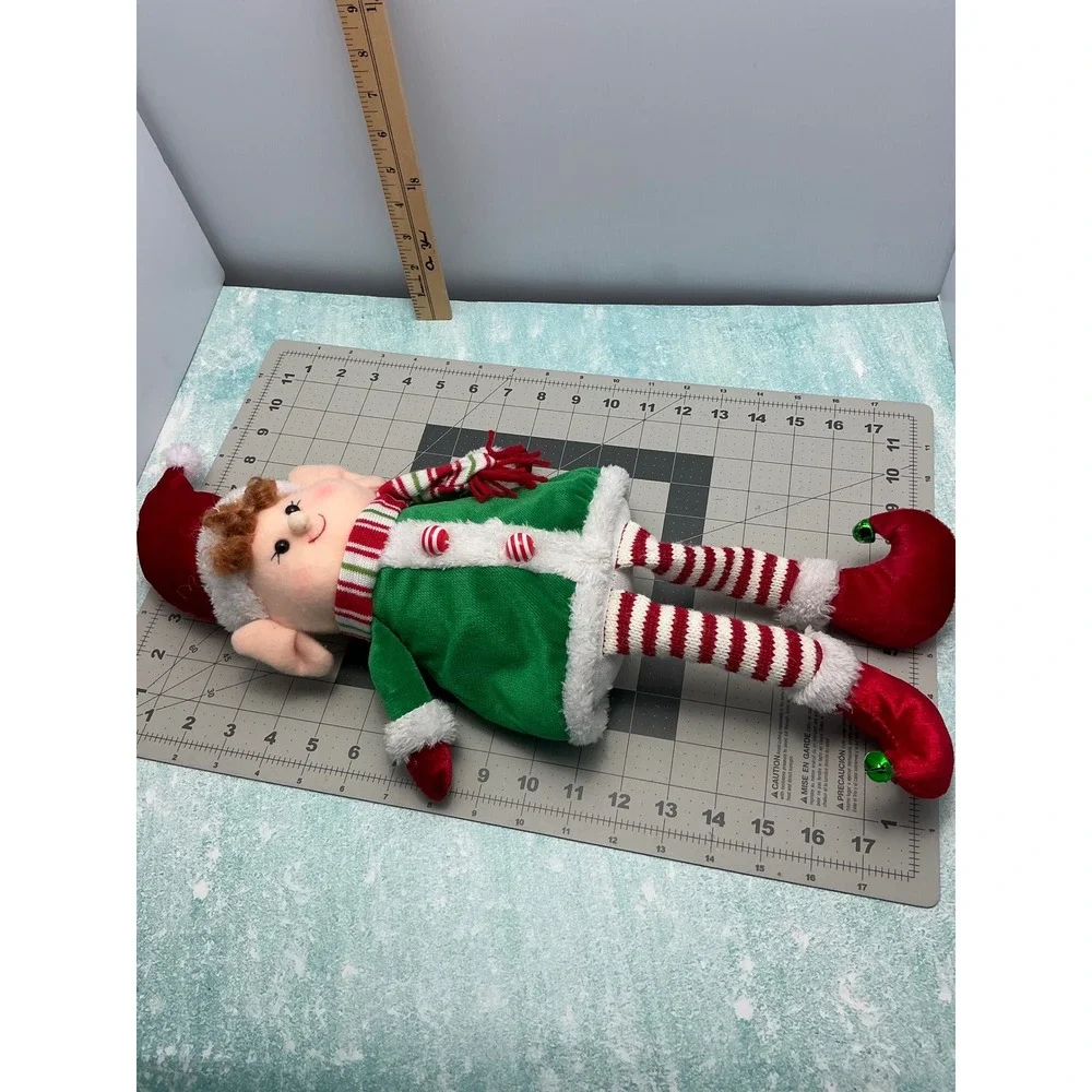 Adorable Christmas Elf Plush Toy Green Coat Red Hat Striped Scarf Festive‎ Decor